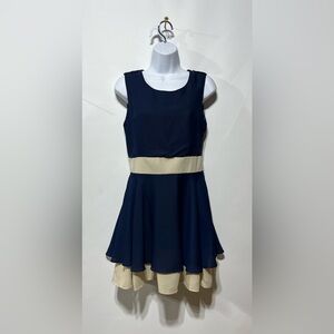 Meng Fei Lu Elegant Navy and Cream Sleeveless Mini Dress Size Medium
